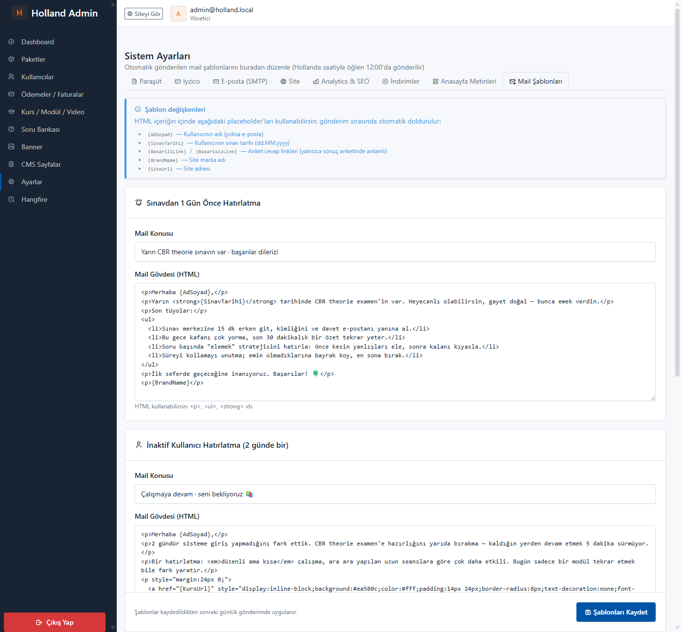 Mail Şablonları admin