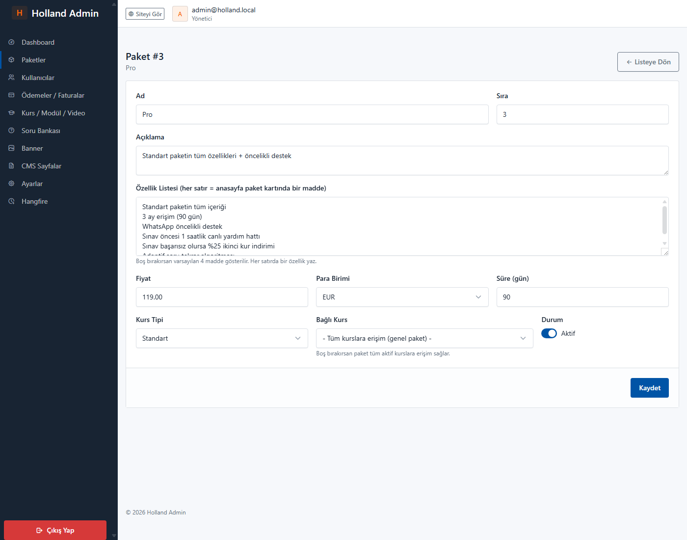 Admin Paket Düzenle — Özellik Listesi